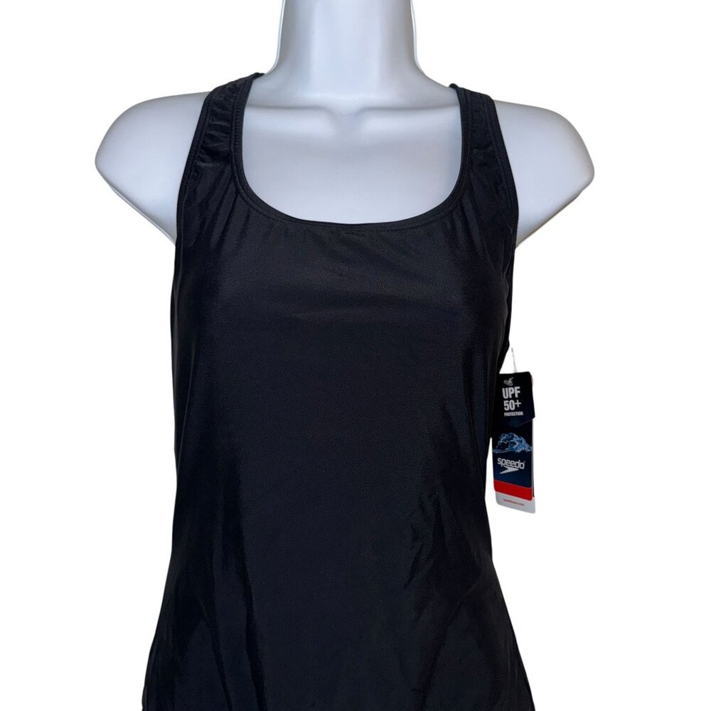 NWT Speedo PowerFlex Ultraback One Piece Swimsuit Womens 12 Black White Solid - Picture 2 of 7